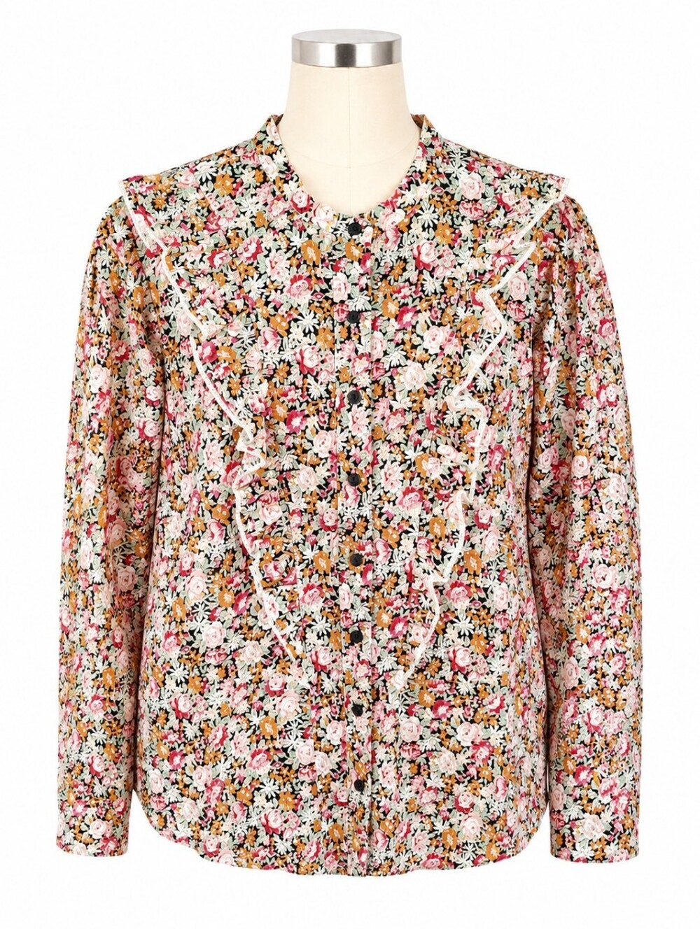 The Shirt Rochelle Behrens Ditsy Floral Long Sleeve Ruffle Front Button Down L